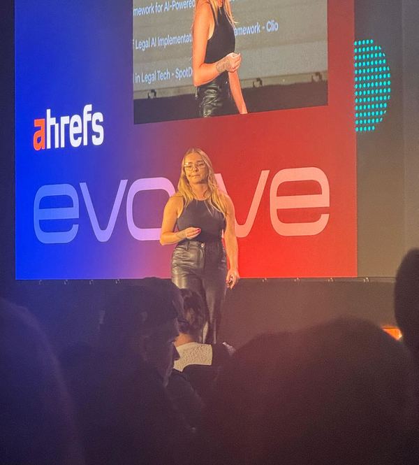 Sophie Brannon presenting on stage at Ahrefs Evolve